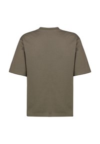 Olive green short-sleeve t-shirt, cotton material, crew neck design, relaxed fit, smooth texture, plain without patterns or accents.