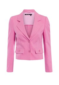 Pink blazer made of textured fabric, featuring a notched collar, two front buttons, flap pockets, and long sleeves.