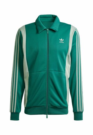 Green zip-up jacket made of textured fabric with white side panels and three white stripes on sleeves. Features a collar and front pockets.