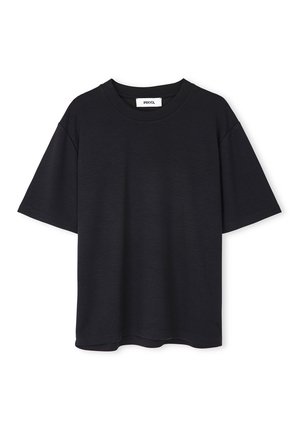 Zwart t-shirt met korte mouwen van zachte stof, met een ronde hals en een comfortabele pasvorm, met een gladde textuur en minimalistisch ontwerp.