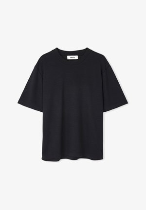 Zwart t-shirt met korte mouwen van zachte stof, met een ronde hals en een comfortabele pasvorm, met een gladde textuur en minimalistisch ontwerp.