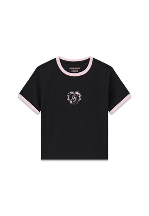 Schwarzes T-Shirt mit kurzen Ärmeln, pinkem Rippstrick am Ausschnitt und an den Bündchen. In der Mitte befindet sich ein kleines weißes Blumenlogo. Baumwollstoff.