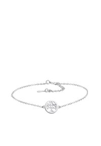 Bracciale d'argento con una catena delicata e un pendente circolare con un design ad albero. Il pendente presenta dettagli intagliati intricati.