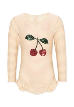 Body beige a maniche lunghe per neonati con sottili righe rosa, con motivo di ciliegie con paillettes sul petto e bordi arricciati sulle aperture delle gambe.