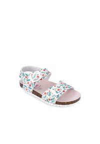 Sandal con motivo floreale bianco, dotata di due cinghie regolabili, con piede in sughero e suola in gomma testurizzata. Presenta piccoli dettagli floreali in rosa e verde.