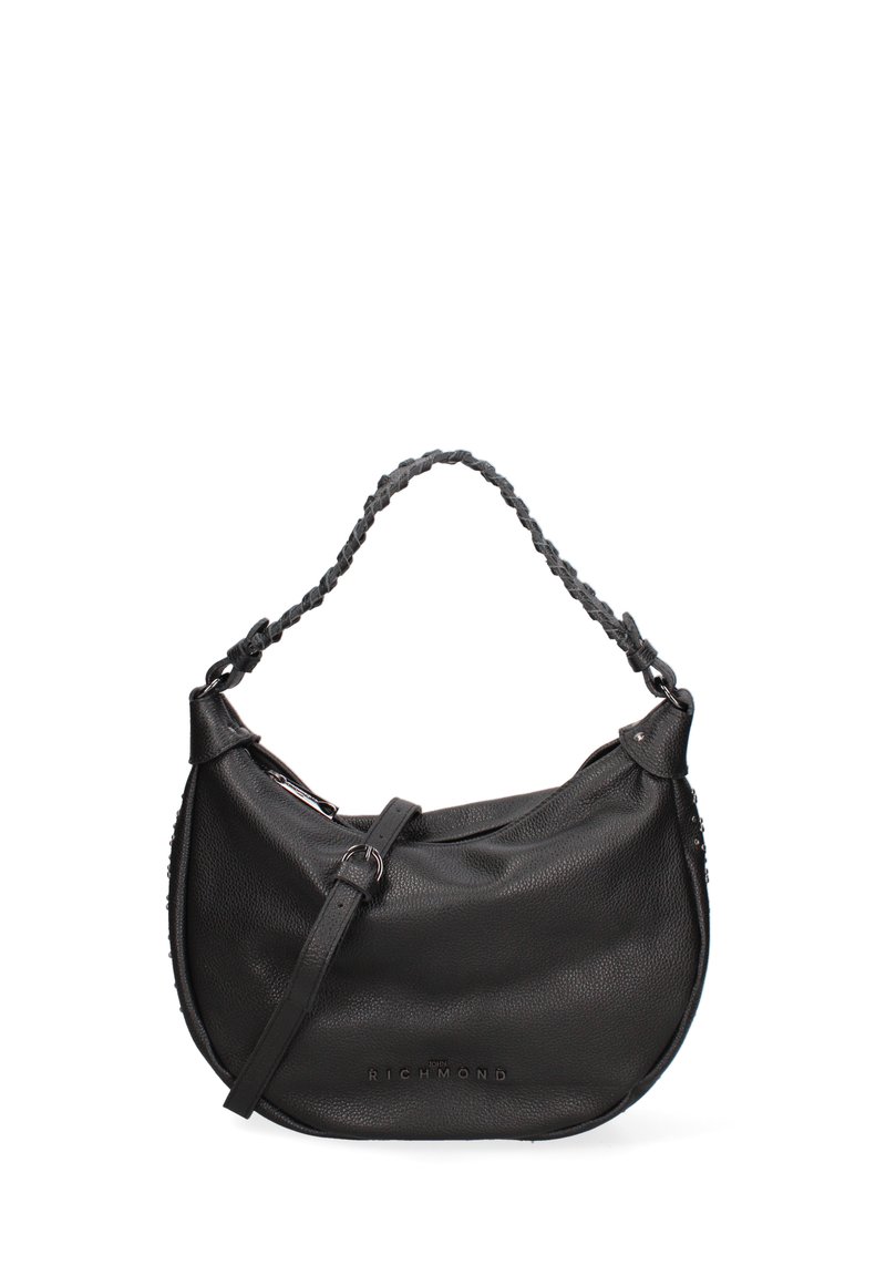 Sac à épaule en cuir noir avec une sangle tressée, texture douce, forme arrondie, rehaussé de détails en métal, arborant un logo à l'avant.