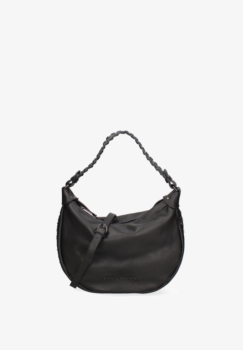 Borsa a spalla nera in pelle con tracolla intrecciata, texture morbida, forma arrotondata, arricchita da dettagli in metallo, con logo sul davanti.