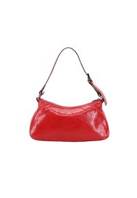 Red leather handbag with a smooth, glossy finish, curved design, and single shoulder strap. Features a zip closure along the top.