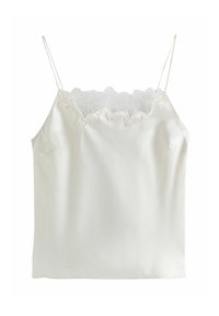 White satin camisole with lace trim along the neckline, adjustable spaghetti straps, and a smooth texture. Simple design, no patterns.