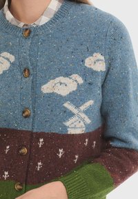 Pletený cardigan s modrou základnou, bílými mraky a vzorem větrného mlýna; na spodní části jsou pruhy v burgundské a zelené barvě; zapínání na knoflíky.
