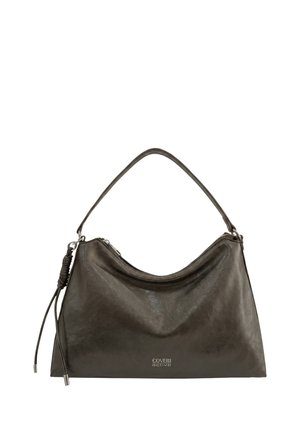 Borsa a tracolla in pelle marrone scuro con una singola maniglia, chiusura con cerniera e piccolo logo "Coveri active" al centro davanti.
