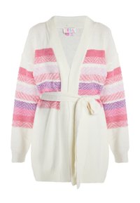 Weißer Cardigan mit pinken und lila Streifenmustern, V-Ausschnitt-Design und einem selbstgebundenen Gürtel in der Taille. Weiches, strukturiertes Strickmaterial.