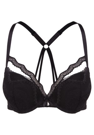 Schwarzer Spitzen-BH mit floralem Muster, gepolsterten Cups, verstellbaren Trägern und einer dekorativen Schleife in der Mitte mit einem kleinen Anhänger.