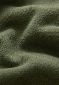 Tessuto di colore verde oliva, con texture e una finitura morbida e lavorata a maglia, che presenta un aspetto liscio e fluido con leggere variazioni nel colore.