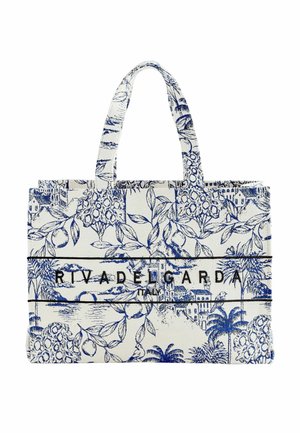 Leinwand-Tragetasche mit blauem botanischem und landschaftlichem Druck, der Gebäude, Pflanzen und den Text "RIVA DEL GARDA ITALY" auf der Vorderseite zeigt.