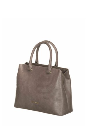 Sac à main en cuir gris texturé avec poignées doubles, poche latérale zippée et quincaillerie dorée. Forme rectangulaire avec un design structuré.