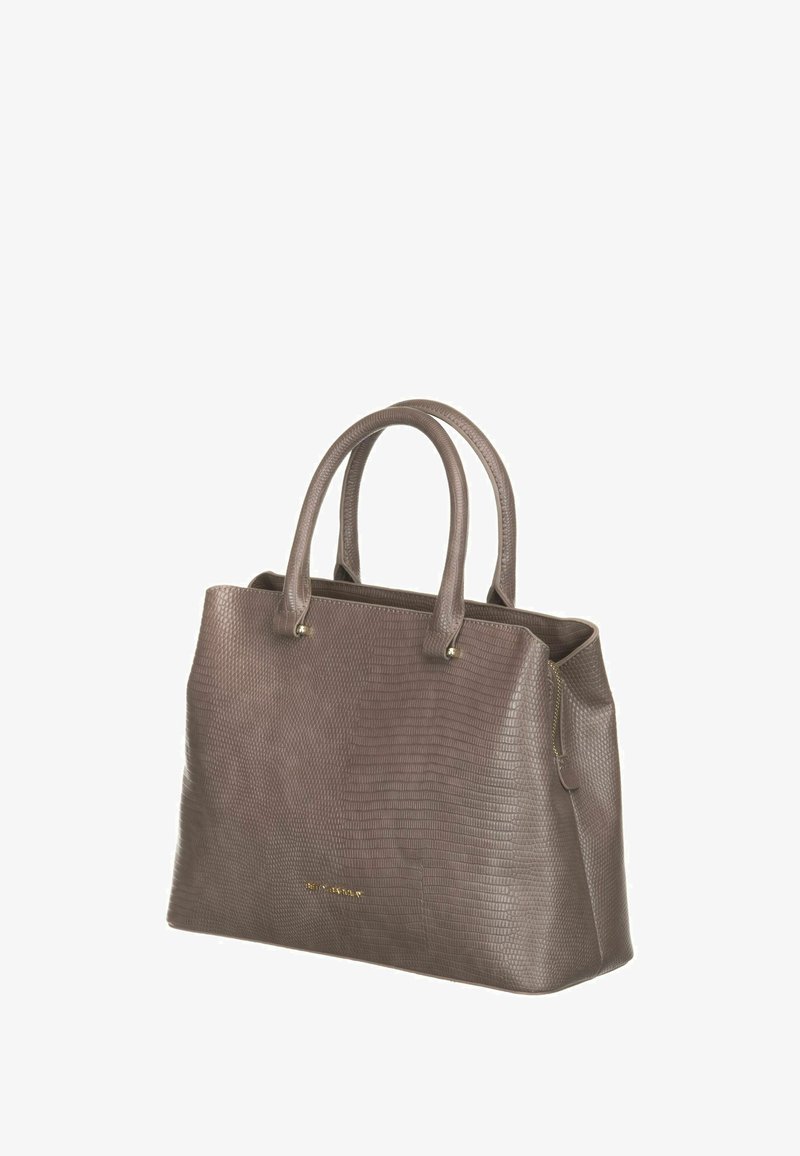 Sac à main en cuir gris texturé avec poignées doubles, poche latérale zippée et quincaillerie dorée. Forme rectangulaire avec un design structuré.