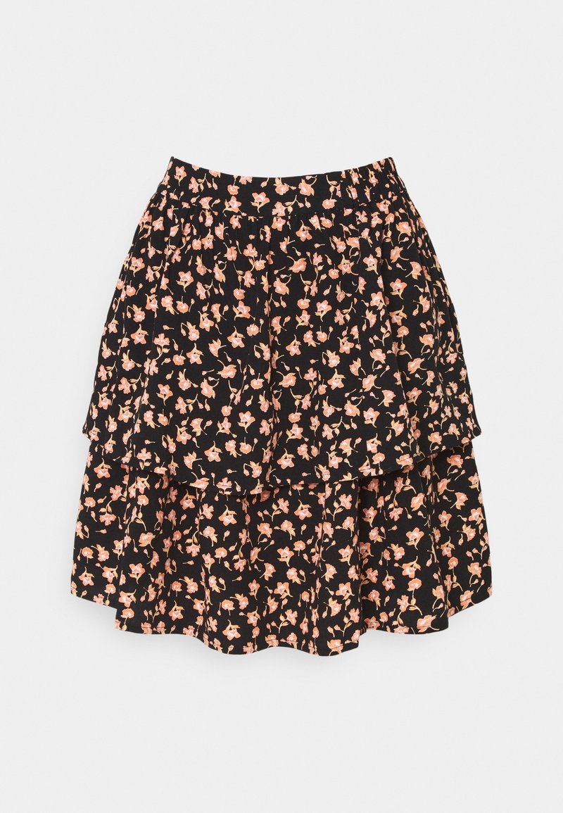 Jupe noire à plusieurs couches avec un petit imprimé floral rose et orange et une ceinture élastique.