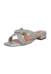 Zilveren instapsandalen met een geknoopt ontwerp en kristallen accenten, een platte zool en een ronde neus voor een elegante uitstraling.