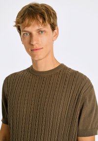 Brun kortärmad stickad tröja med en texturerad kabeldesign, rund hals och ett mjukt, lätt tyg.