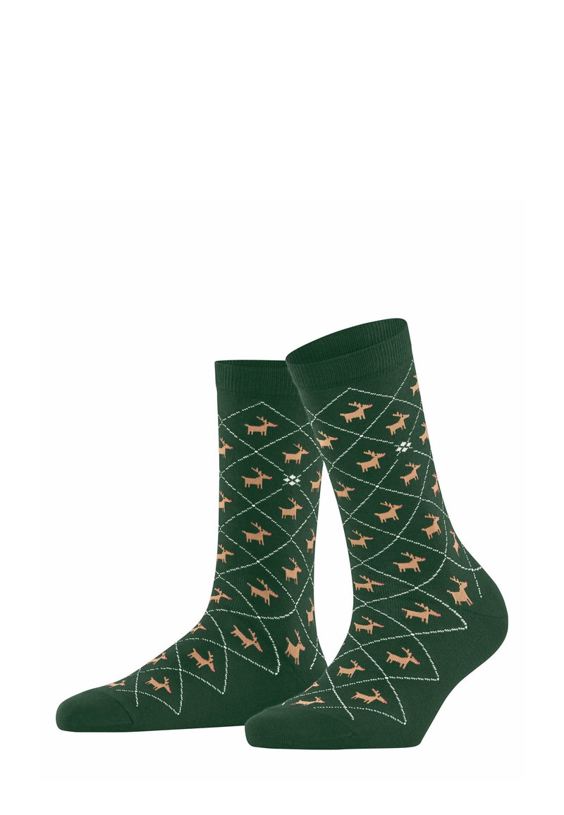 Chaussettes vertes avec un motif diamant sur toute la surface, ornées de petites silhouettes de cerfs beiges, avec des bords côtelés et une texture douce.