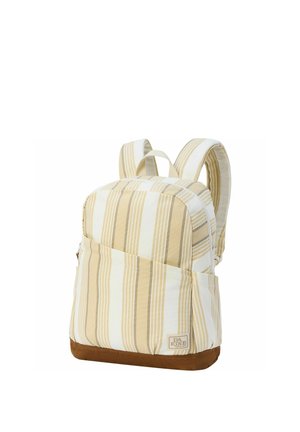 Zaino con strisce verticali crema e beige, fondo in suede marrone, tasca anteriore e spallacci imbottiti.