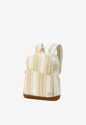 Sac à dos avec des rayures verticales crème et beige, fond en suède marron, poche avant et bretelles rembourrées.