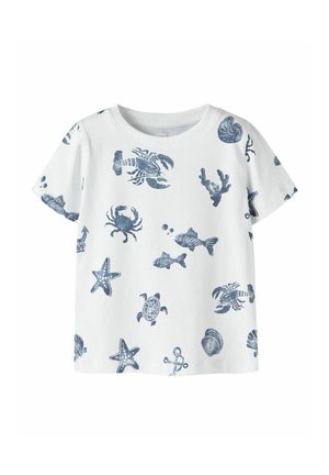 Witte overhemd met korte mouwen met blauw maritiem leven prints, waaronder kreeften, krabben, vissen, zee-sterren, schildpadden, schelpen en ankers.