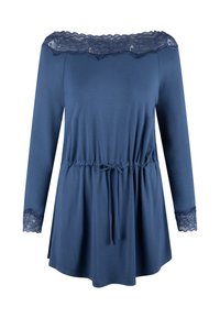 Top abbinato blu navy con spalle scoperte e maniche lunghe, orlo in pizzo sul collo e sulle maniche, vita regolabile con cordoncino, realizzato in tessuto morbido.