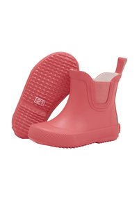 Rosa Gummistiefel bis zur Knöchel mit elastischen Seitenteilen, strukturiertem Profil und Zuglasche. Glatte Oberfläche und runde Zehenform.