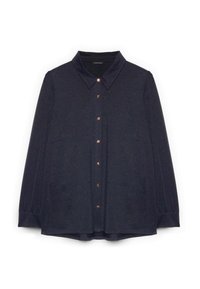 Blusa de un oscuro color navy hecha de tejido texturizado, con cuello tipo camisa, mangas largas y cierre de botones en color oro rosa en la parte delantera.