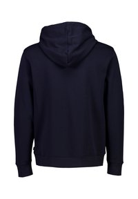 Marineblauwe hoodie, gemaakt van een katoenmengsel, met lange mouwen en geribbelde manchetten, een kangoeroezak en een grote capuchon. Eenvoudig ontwerp in effen kleur.