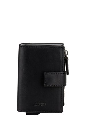 Sort læderpung med tryklås, lynlåslomme og prægede "JOOP!" mærkenavn på forsiden.