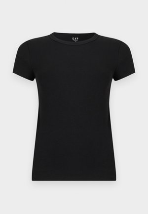 Γυναικείο μαύρο κοντομάνικο T-shirt με λαιμόκοψη, σε στενή γραμμή, εμφανιζόμενο σε απλό ανοιχτό φόντο.