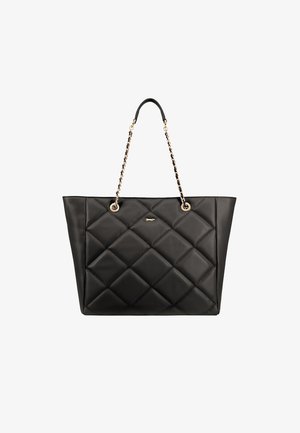 Sac fourre-tout noir matelassé avec quincaillerie en ton or et bandoulière en chaîne. Présente une forme structurée et une texture en faux cuir doux, idéal pour un usage quotidien.