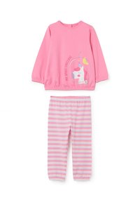 Maglia rosa a maniche lunghe con un unicorno con casco spaziale e la scritta "My Space Unicorn", abbinata a pantaloni rosa a strisce bianche.