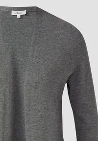 Grau Strickjacke mit V-Ausschnitt, aus einem strukturierten Strickstoff gefertigt. Verfügt über lange Ärmel und ein Etikett mit Markenname am Ausschnitt.