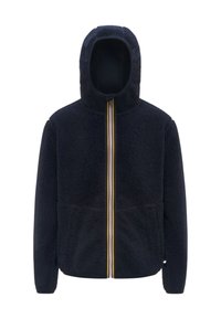 Giacca in pile blu navy con cappuccio, dotata di zip integrale e un accento a righe colorate. Due tasche frontali e tessuto strutturato.