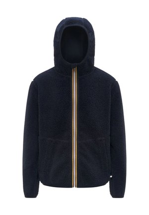 Giacca in pile blu navy con cappuccio, dotata di zip integrale e un accento a righe colorate. Due tasche frontali e tessuto strutturato.