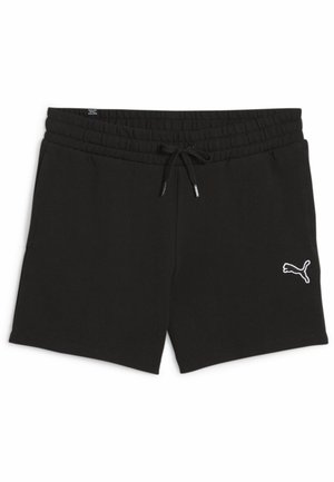 Schwarze Puma-Shorts mit elastischem Bund, Kordelzug, Seitentaschen und weißem Puma-Logo am linken Bein.