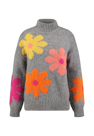 Maglione grigio lavorato a maglia con collo alto, caratterizzato da grandi motivi floreali dai colori vivaci in giallo, rosa e arancione sulla parte anteriore e sulle maniche.
