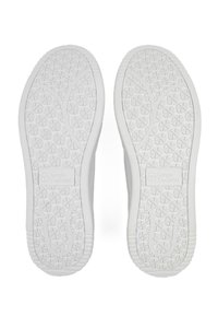 Weiße Gummisohlen für Sneaker mit strukturierten Griffmustern. Verfügt über ein Logo und ein glattes Randdesign. Sauberer und minimalistischer Stil.