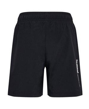 Shorts de sport noirs avec une taille élastique, texture lisse et marquage blanc imprimé sur le côté gauche. Pas de poches ni de caractéristiques de design.