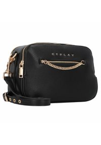 Borsa a tracolla in pelle nera con zip dorata e dettagli in catena. Caratterizzata dal nome del marchio "REPLAY" in lettering impresso sulla parte anteriore.