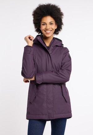 Purple waterproof jacket featuring a hood, zip closure, side pockets, and a slightly padded design. Texture appears smooth and durable.