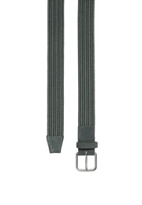 Spleciony elastyczny pasek w ciemnoszarym kolorze, z akcentami ze skóry i srebrną metalową klamrą. Pasek ma fakturowany wzór. Końcówki prosto przycięte.