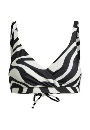 Top de bikini cu imprimeu zebrat alb-negru, cu bretele late, un model înfășurat în față și o închidere cu șnur în centrul de jos.