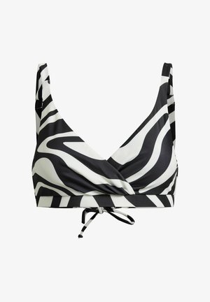 Fekete-fehér zebramintás bikini felsőrész széles pántokkal, átfedős stílusú elejével és a középső alján megkötős rögzítéssel.