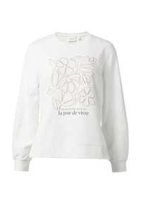 Vit långärmad sweatshirt med beige blommönstrad linjekonst och texten "Hitta inspiration överallt la joie de vivre" på framsidan.