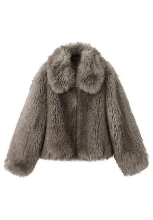 Kunstpelzjacke in Grau mit breitem Kragen, kurzem Schnitt und langen Ärmeln. Die Textur ist flauschig und zeigt ein dichtes, weiches Erscheinungsbild.
